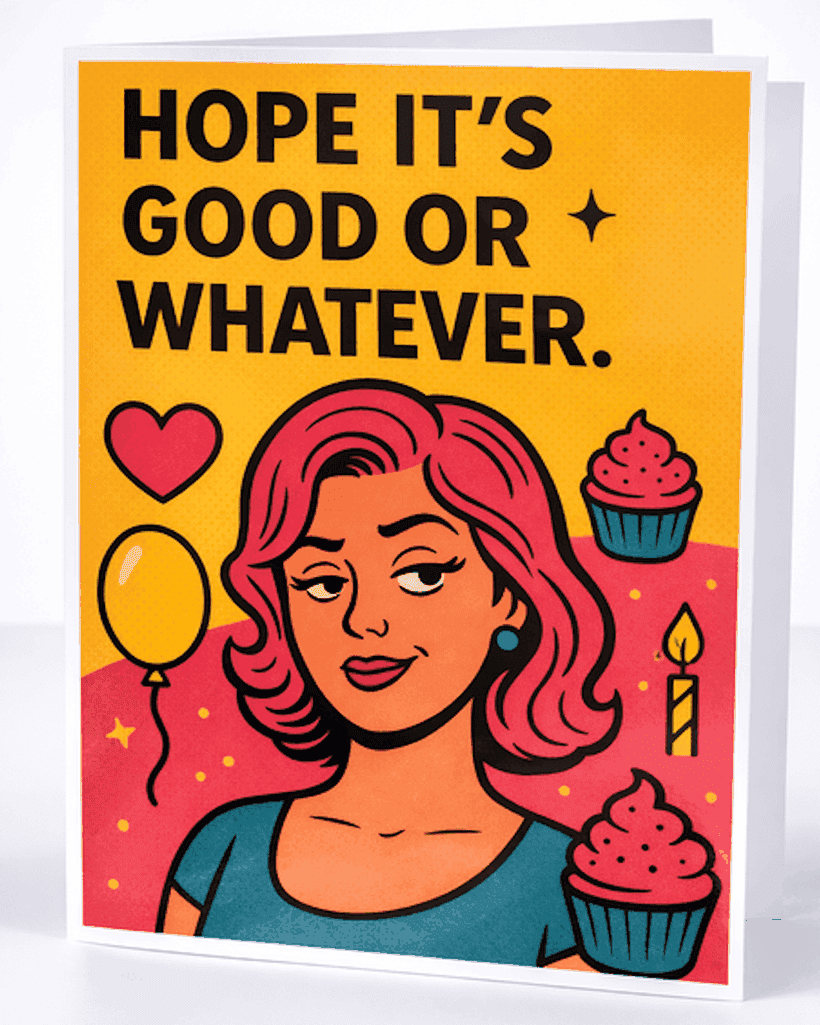 Hope It’s Good Or Whatever funny sarcastic birthday greeting card by Side Eye Series