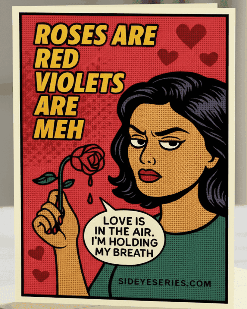 Roses Are Red funny sarcastic Valentine’s Day greeting card by Side Eye Series