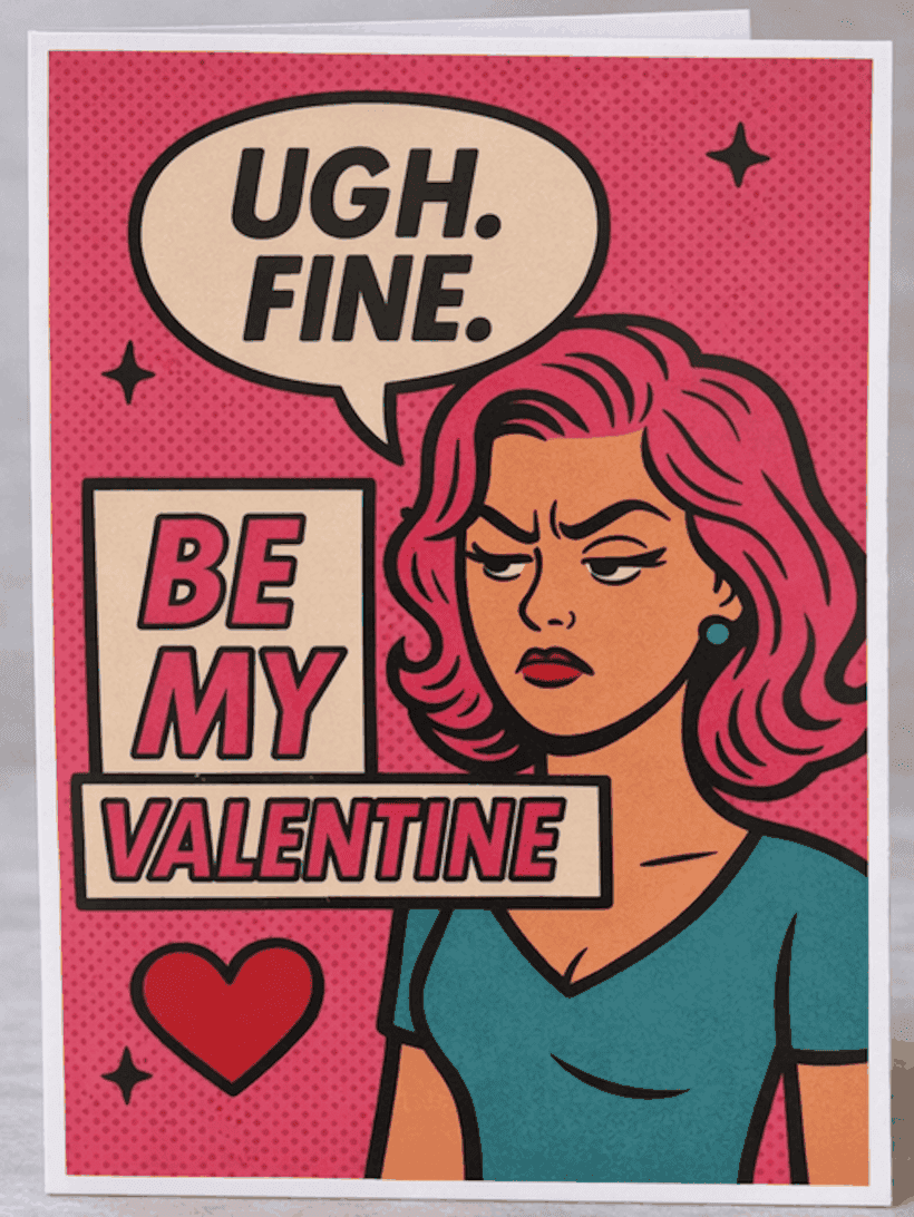 Ugh Fine, Be My Valentine funny sarcastic Valentine’s Day greeting card by Side Eye Series
